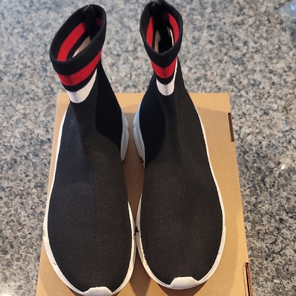 Steve Madden Stylish Black Sock Sneakers with Red and White Stripes
